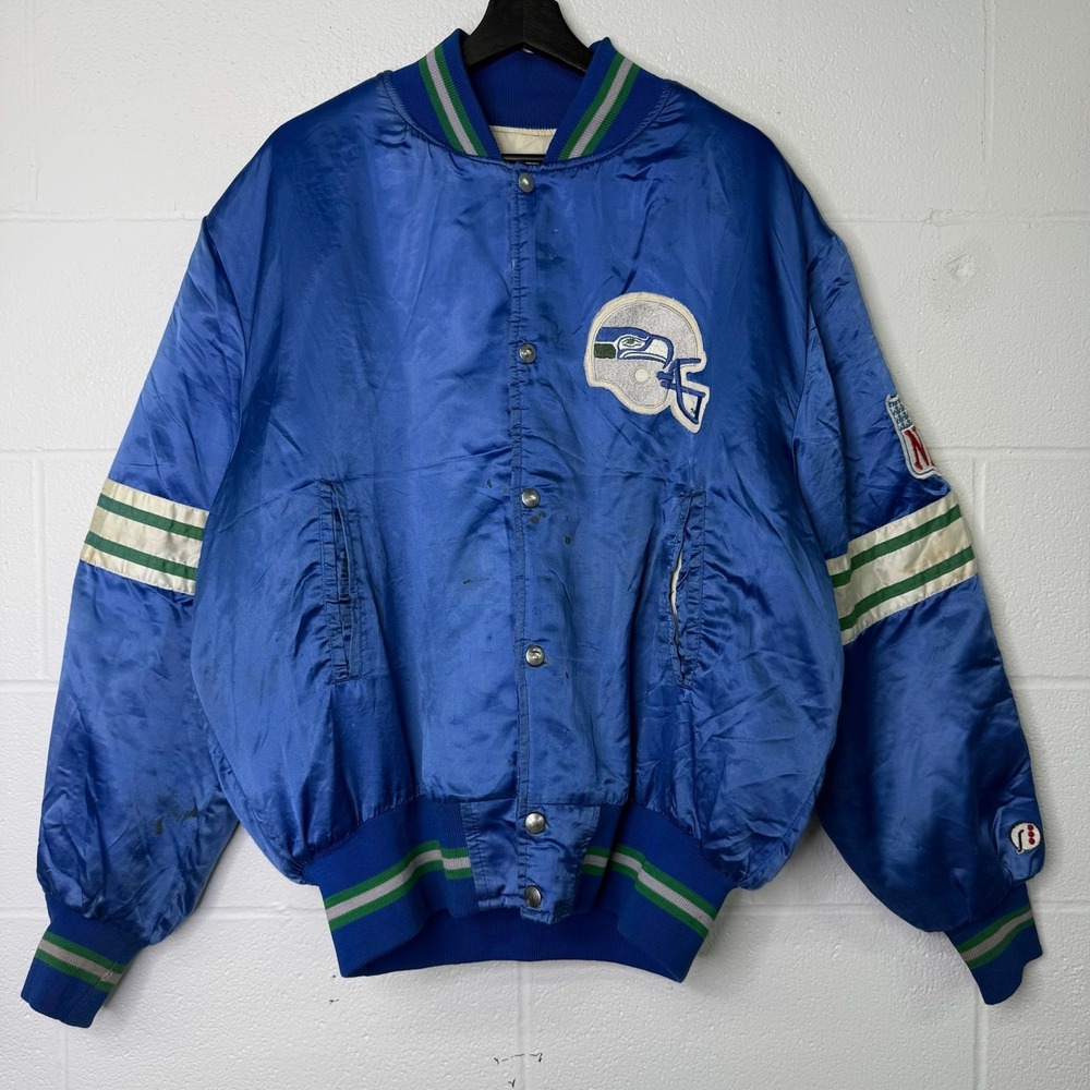 Vtg 80s Seattle Seahawks Chalk Line Satin Bomber Jacket XL NFL Football Blue